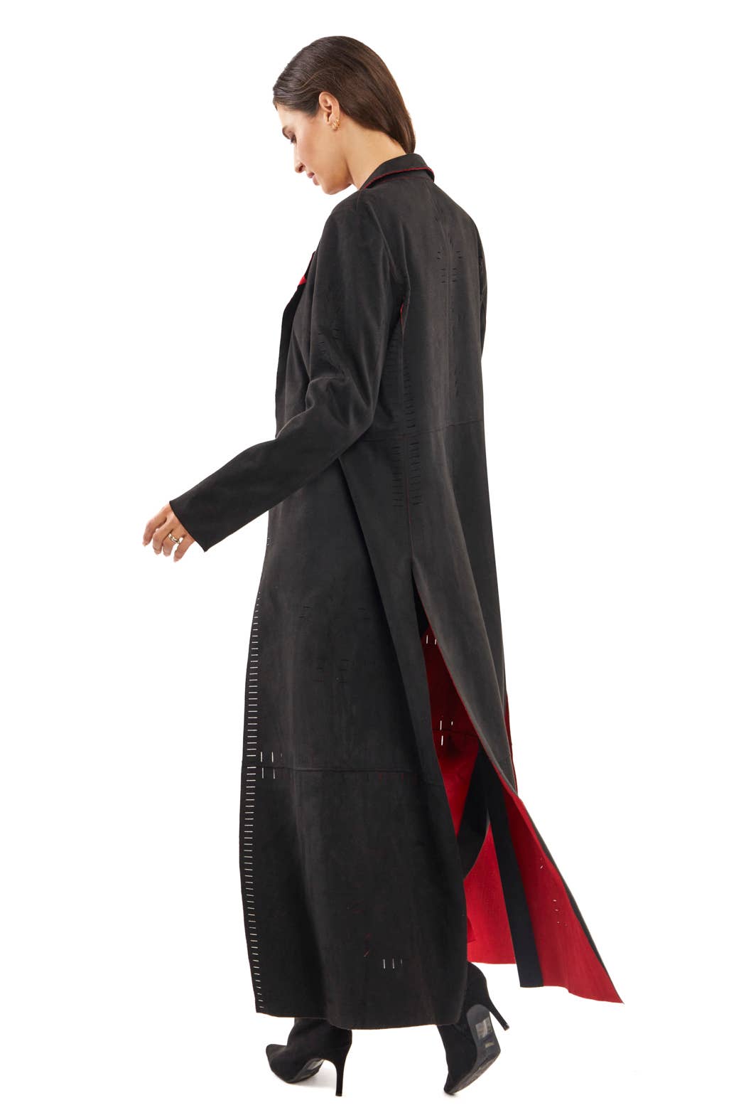 Black/Red Vegan Suede Cut Out Duster Jacket
