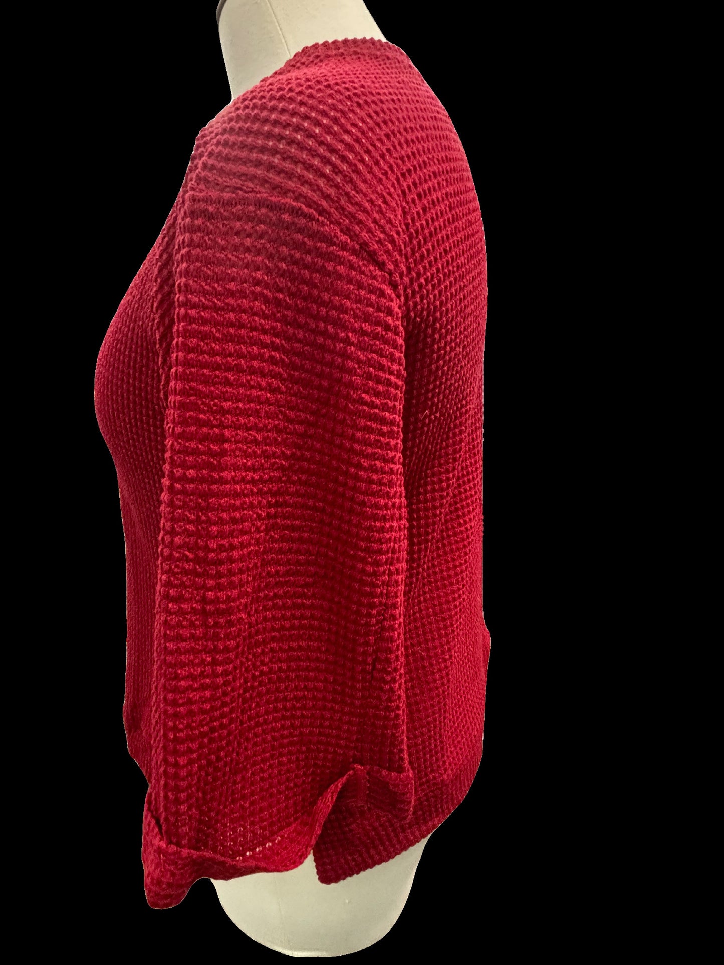 Waffle Knit 3/4 Rolled Sleeve Round Neck Top with Side Slits