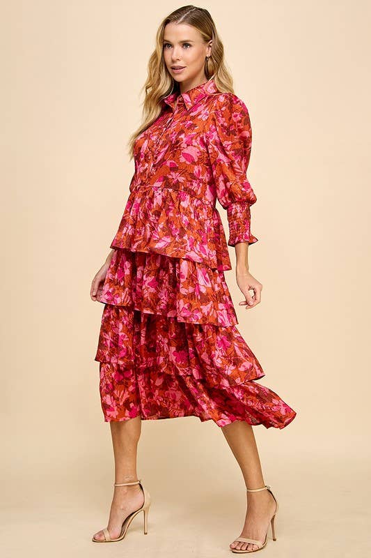 Abstract Print Collared Tiered Ruffle Dress