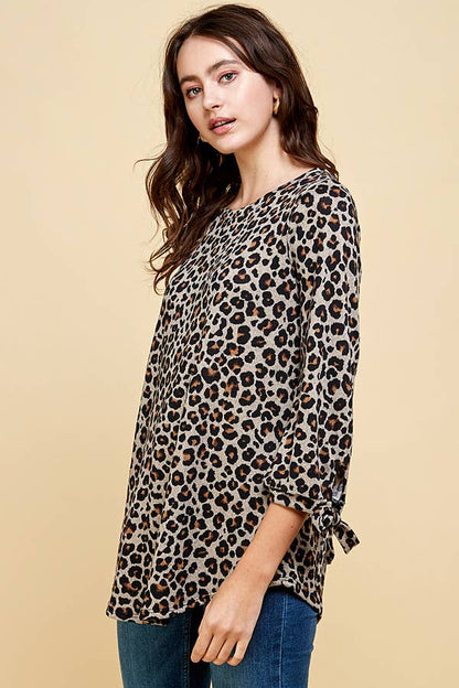 Leopard Print Stripe Tie Sleeve Top