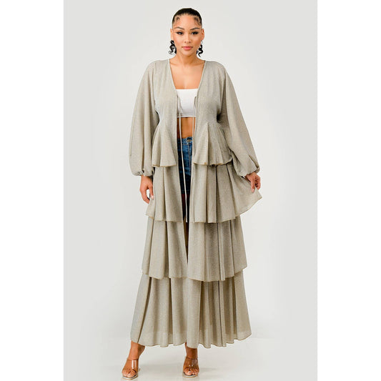 Long Puff Sleeve Glittered Tiered Ruffled Maxi Dress