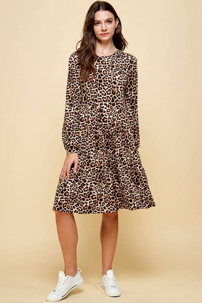 Leopard Flowy Tiered Dress With Puff Sleeves