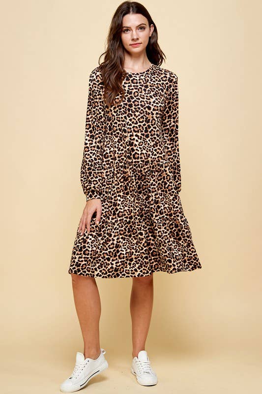 Leopard Flowy Tiered Dress With Puff Sleeves