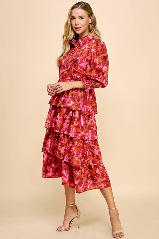 Abstract Print Collared Tiered Ruffle Dress