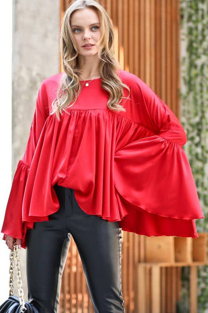 Satin Blouse Shirring Details Flowy