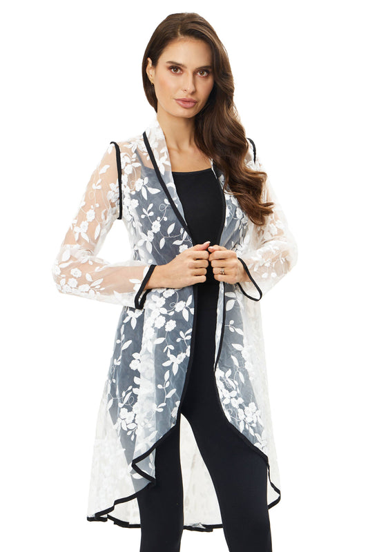 White Lace Duster with Black Trimming