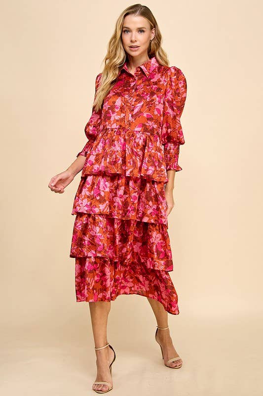 Abstract Print Collared Tiered Ruffle Dress