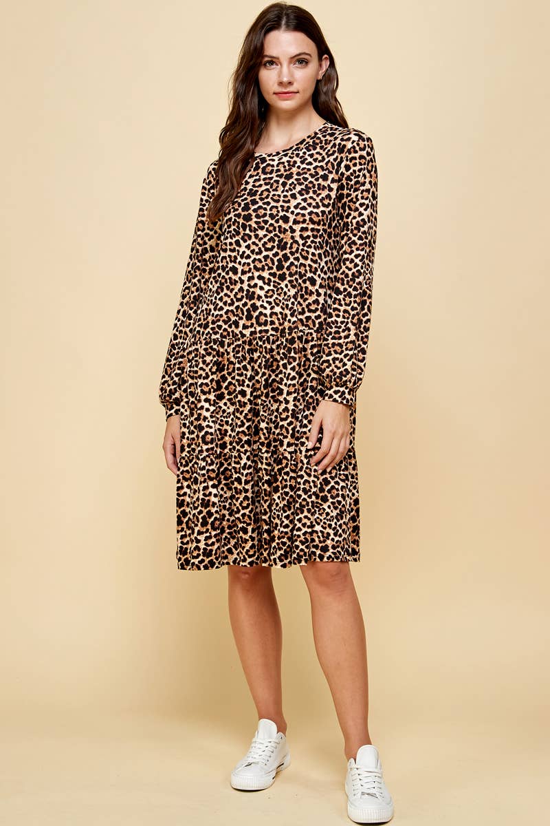 Leopard Flowy Tiered Dress With Puff Sleeves