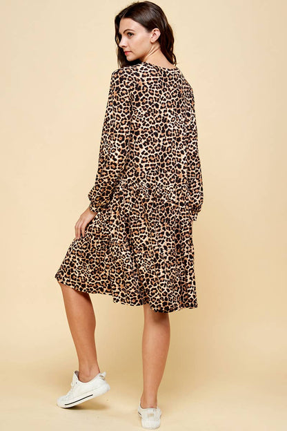 Leopard Flowy Tiered Dress With Puff Sleeves