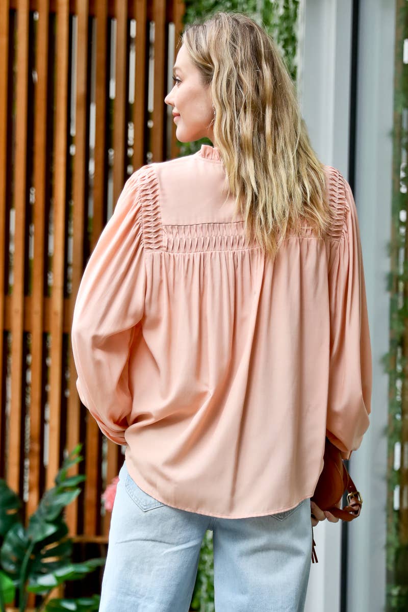 Ruffles and Shirring Button Down Blouse