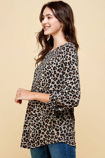 Leopard Print Stripe Tie Sleeve Top