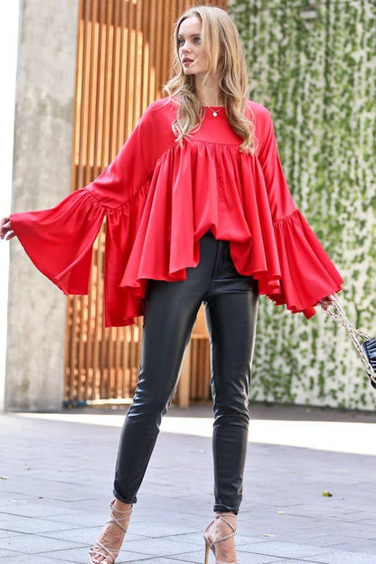 Satin Blouse Shirring Details Flowy