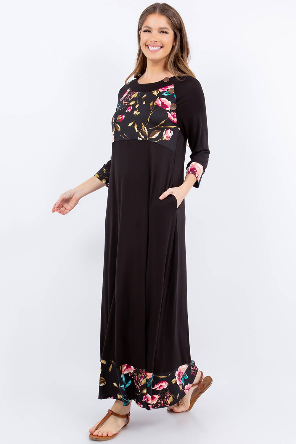 Modest Black Floral Maxi Dress With Pockets