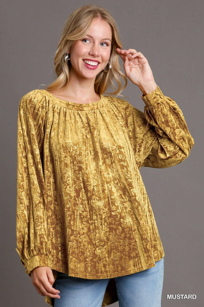 Texture Velvet High Low Hem Long Sleeve Top