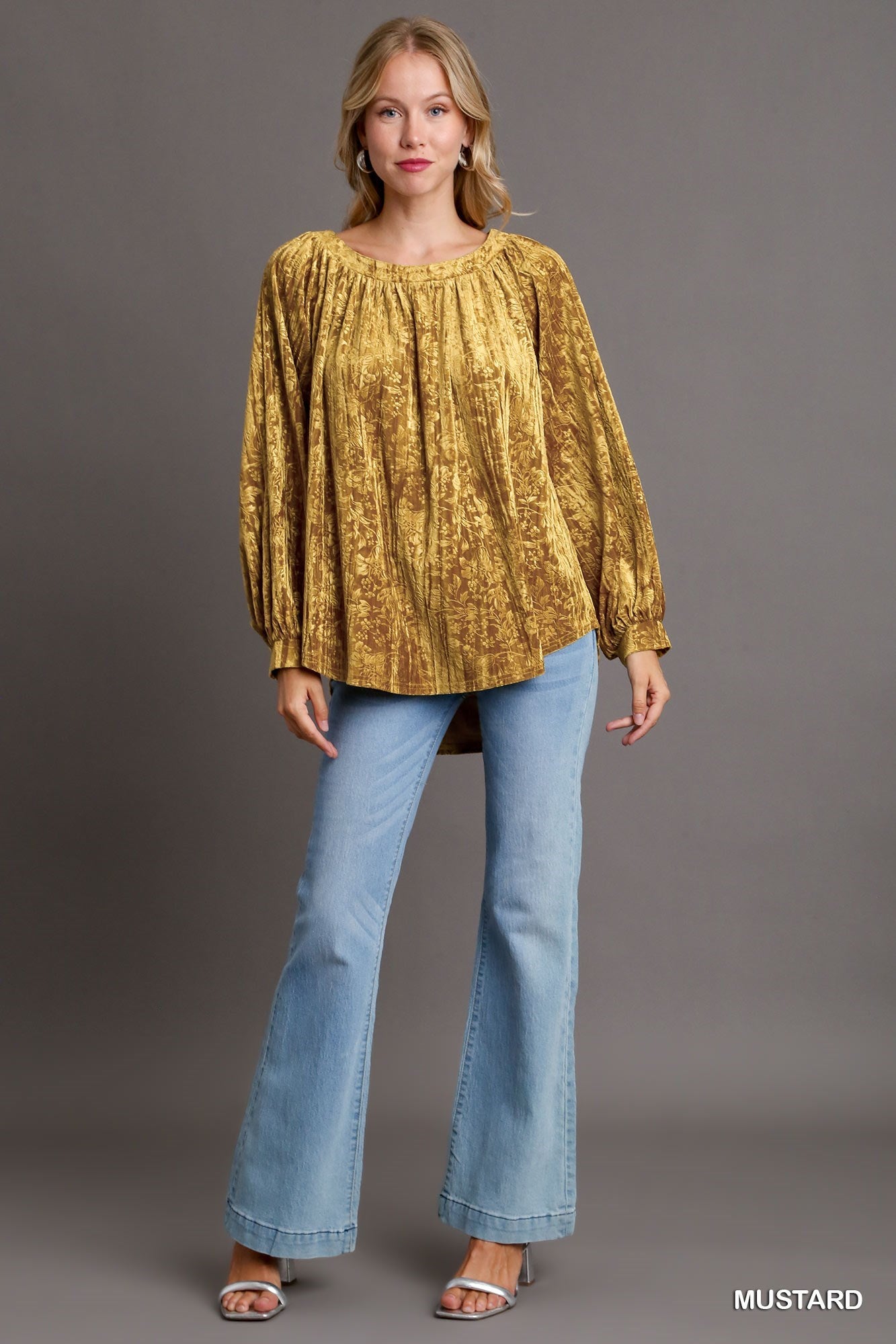 Texture Velvet High Low Hem Long Sleeve Top