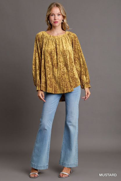 Texture Velvet High Low Hem Long Sleeve Top