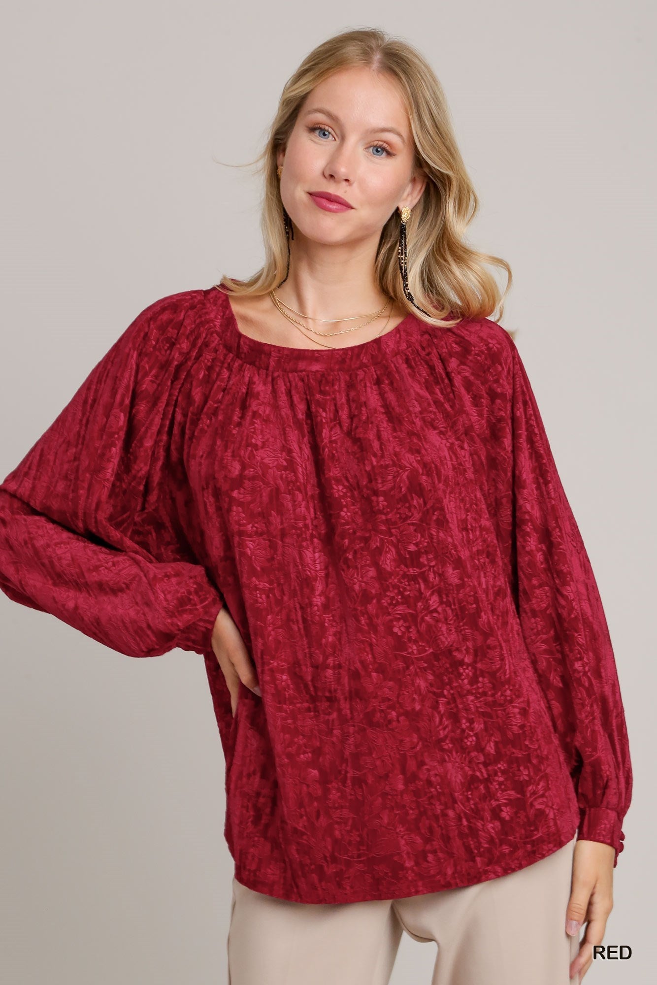 Texture Velvet High Low Hem Long Sleeve Top