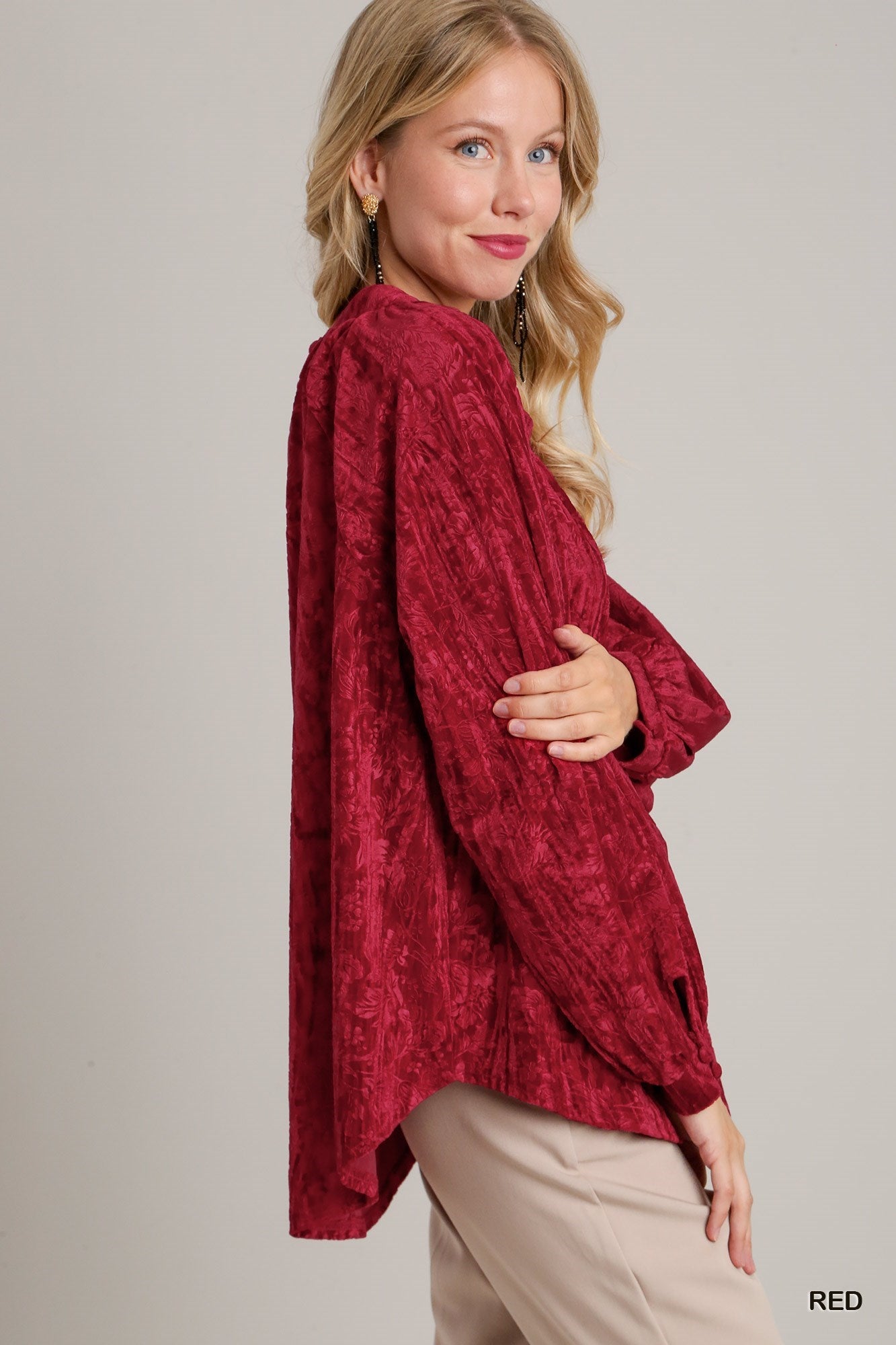 Texture Velvet High Low Hem Long Sleeve Top