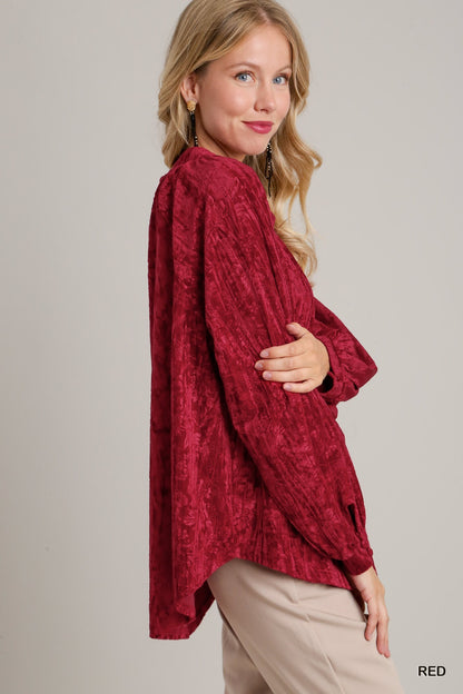 Texture Velvet High Low Hem Long Sleeve Top