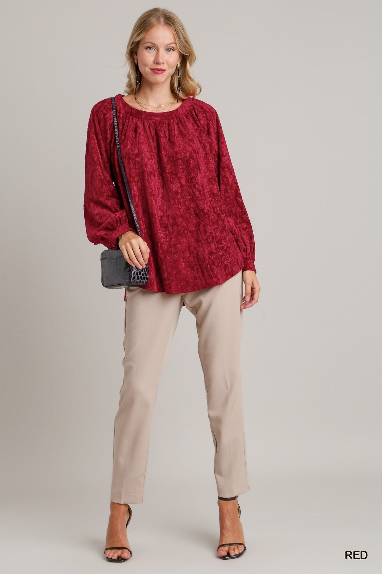 Texture Velvet High Low Hem Long Sleeve Top