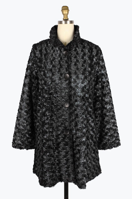 Rosette Swirl Faux Fur Coat Black with Silver Sheen