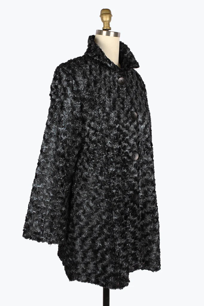 Rosette Swirl Faux Fur Coat Black with Silver Sheen