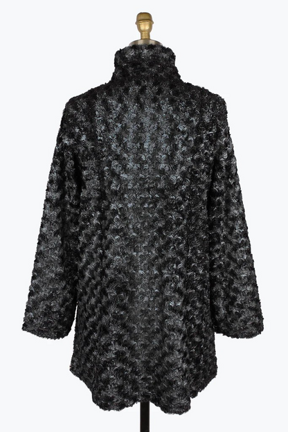 Rosette Swirl Faux Fur Coat Black with Silver Sheen