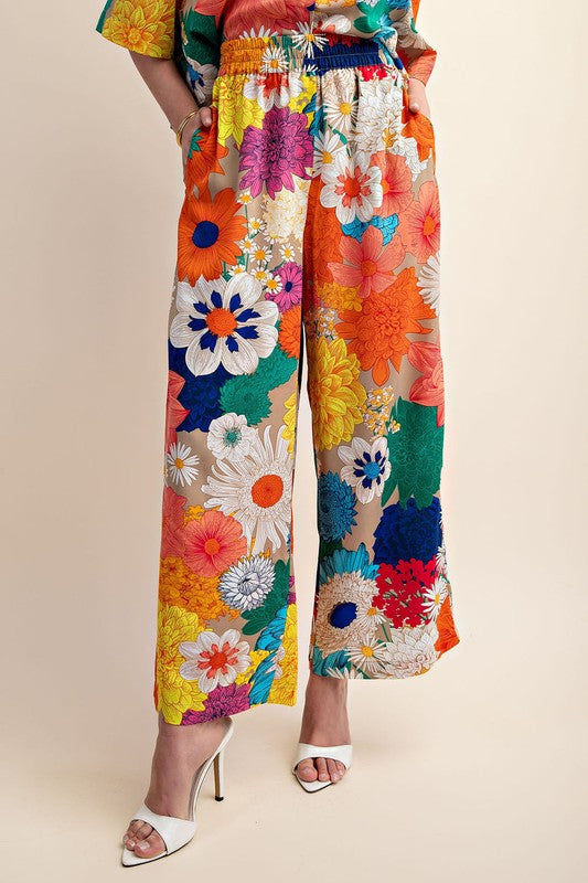 Vibrant Floral Print Elastic Waist Pants