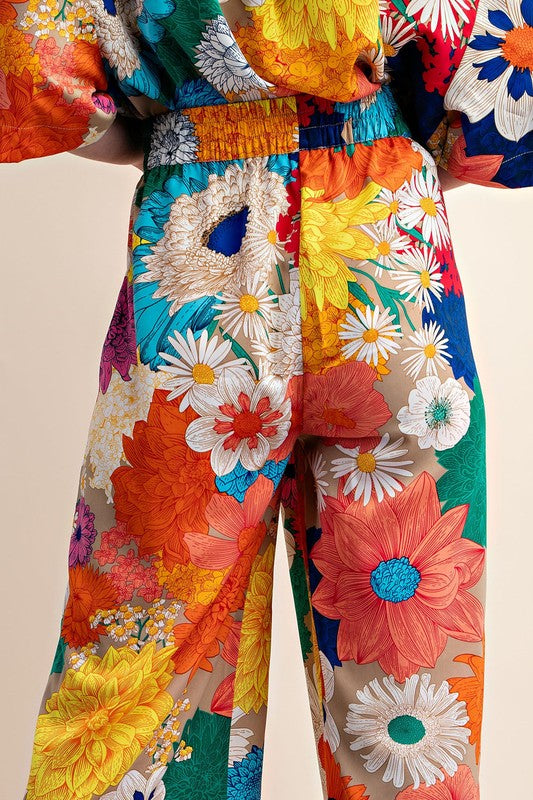 Vibrant Floral Print Elastic Waist Pants