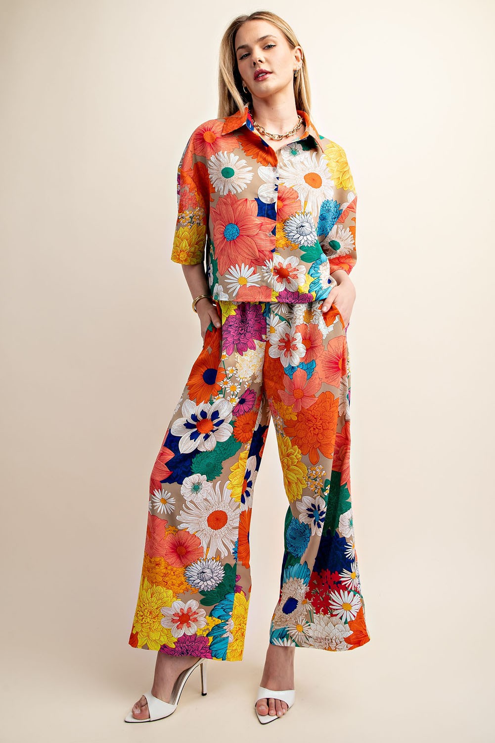 Vibrant Floral Print Elastic Waist Pants