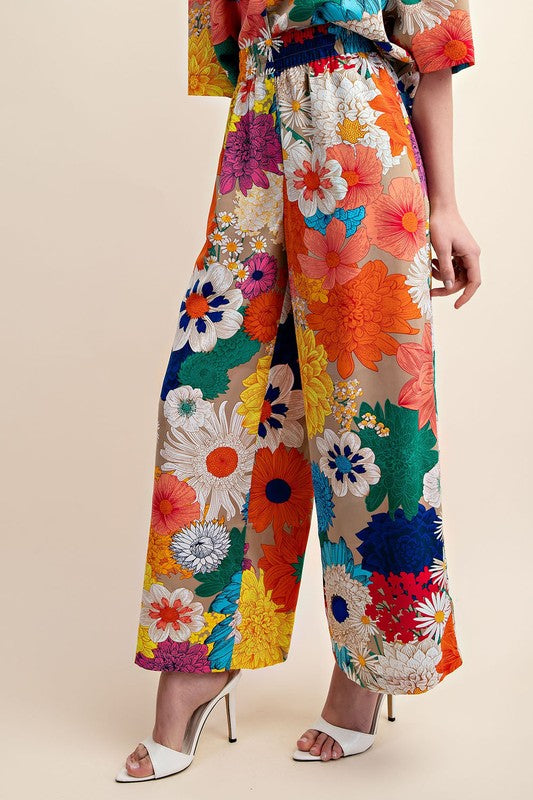 Vibrant Floral Print Elastic Waist Pants