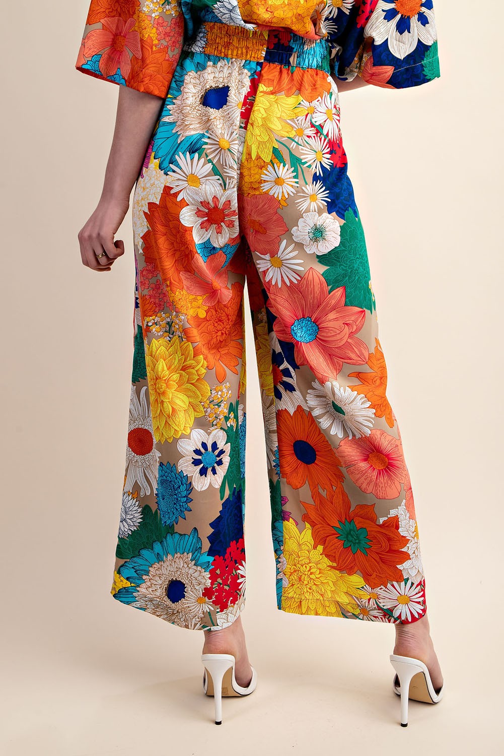 Vibrant Floral Print Elastic Waist Pants