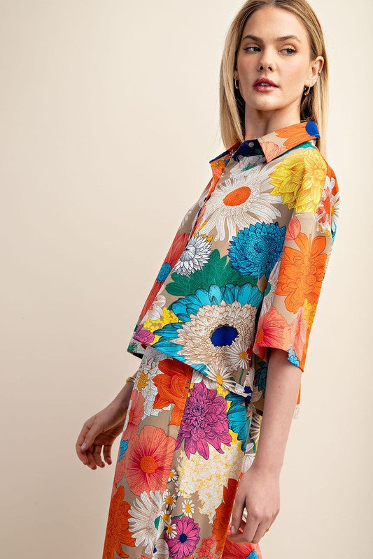 Vibrant Floral Print Cropped Button Down Shirt