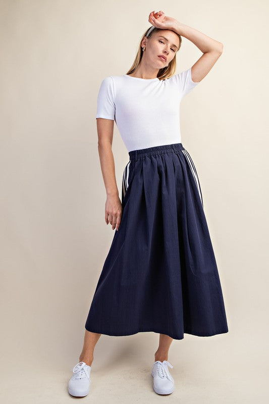 Elastic Waistband Midi Skirt with Athletic Stripe