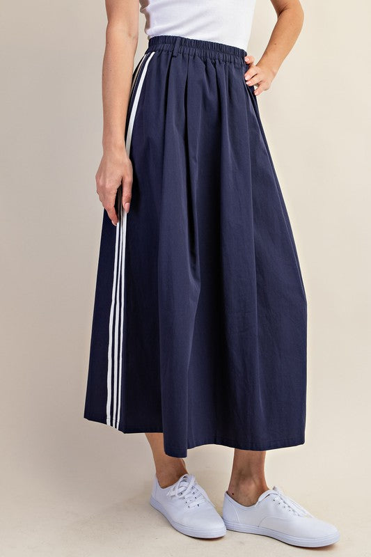 Elastic Waistband Midi Skirt with Athletic Stripe