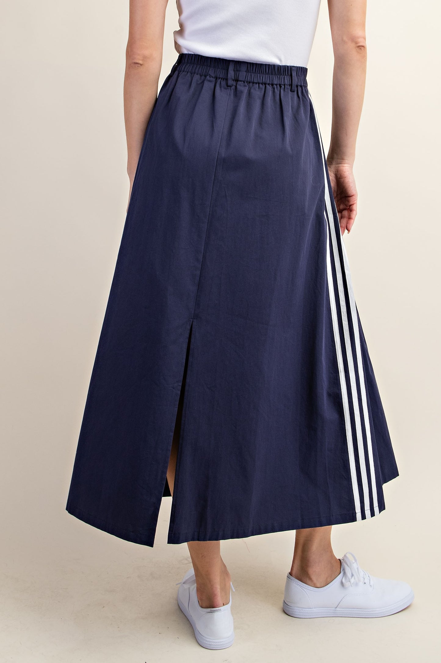 Elastic Waistband Midi Skirt with Athletic Stripe