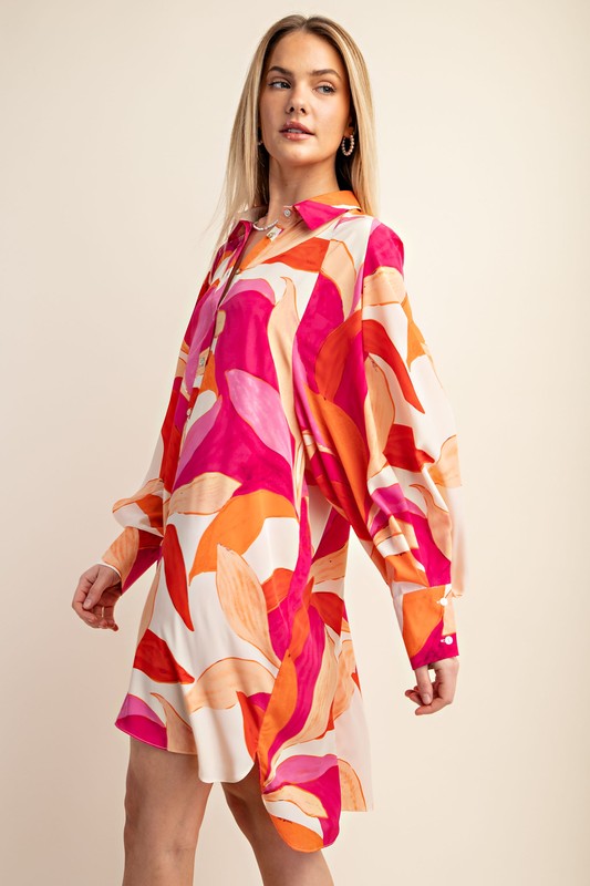 Printed Button-Down Silky Shirt Dress