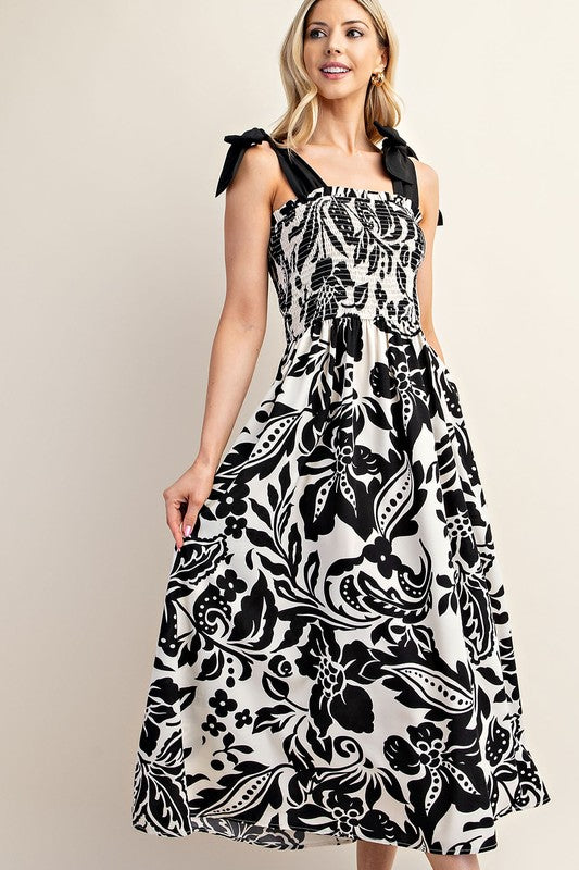 Blk & Wht Printed Midi Dress with Smocked Top