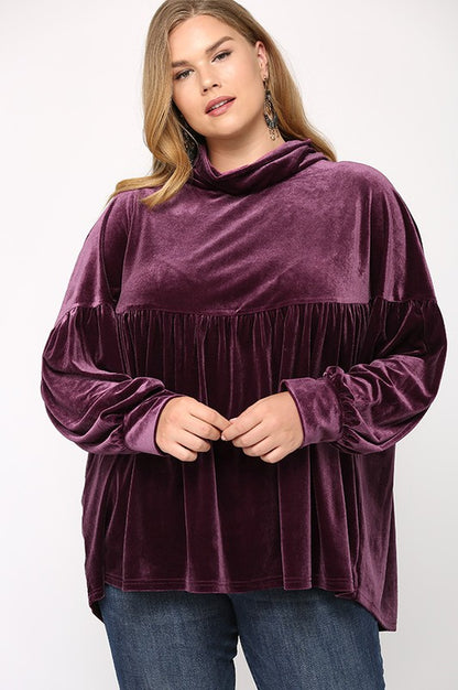 Velvet Loose Turtleneck Shirring Top