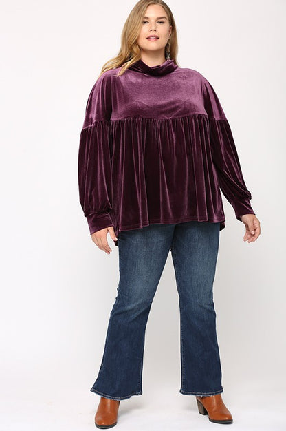 Velvet Loose Turtleneck Shirring Top