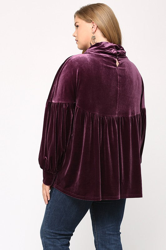 Velvet Loose Turtleneck Shirring Top