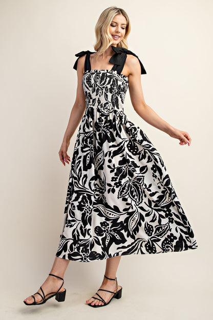 Blk & Wht Printed Midi Dress with Smocked Top