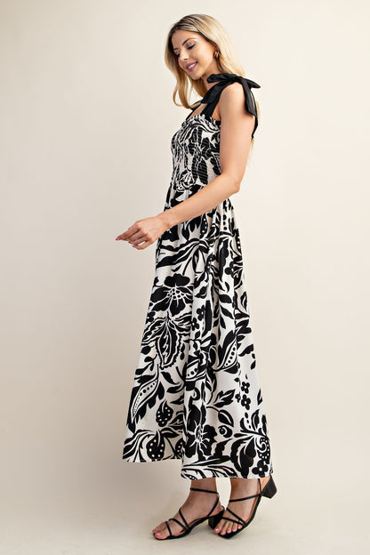 Blk & Wht Printed Midi Dress with Smocked Top