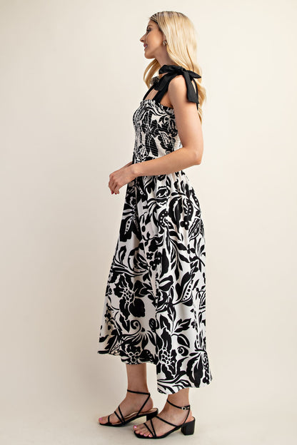 Blk & Wht Printed Midi Dress with Smocked Top