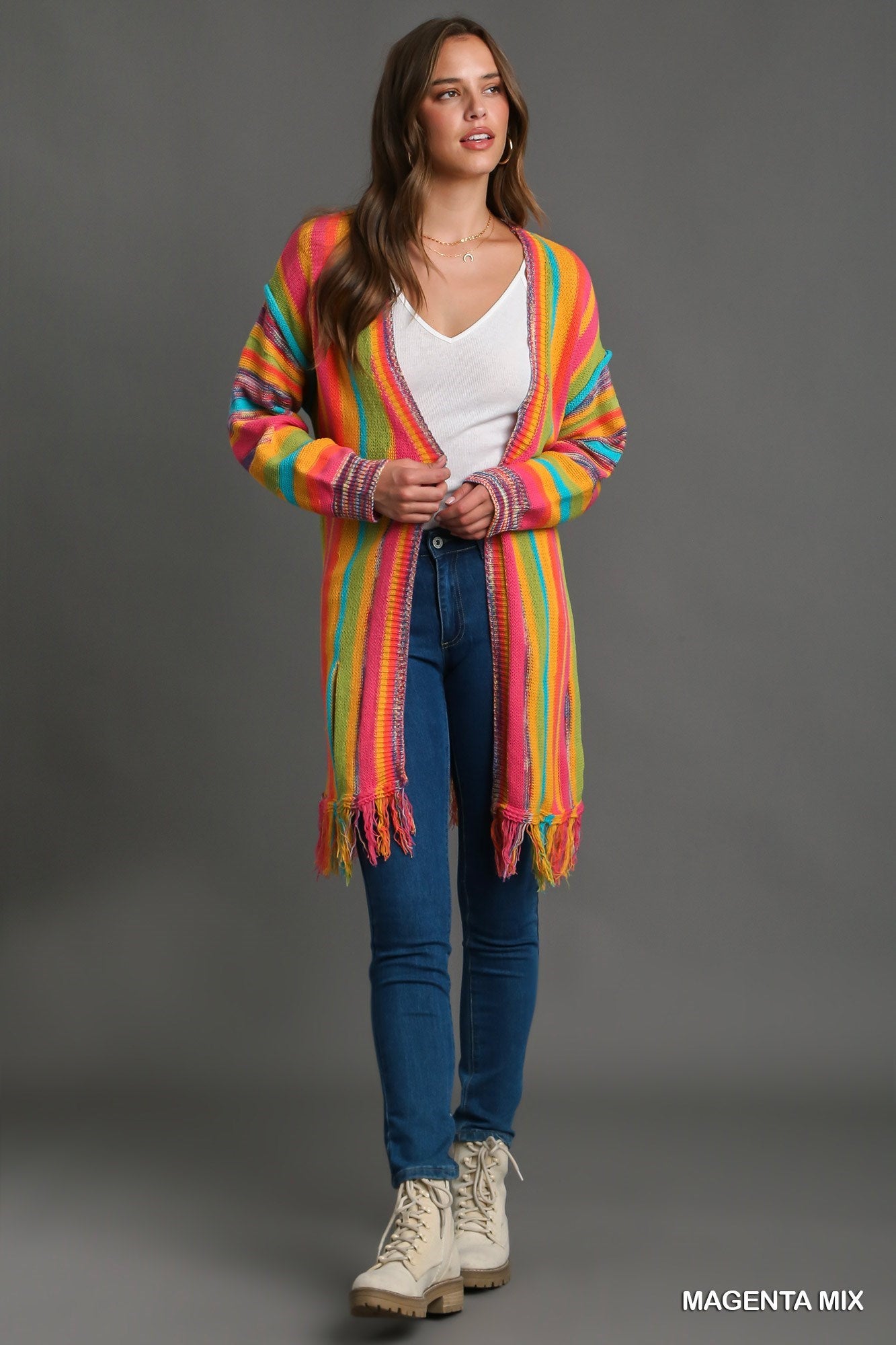 Multi Stripe Cardigan Sweater with Fringe