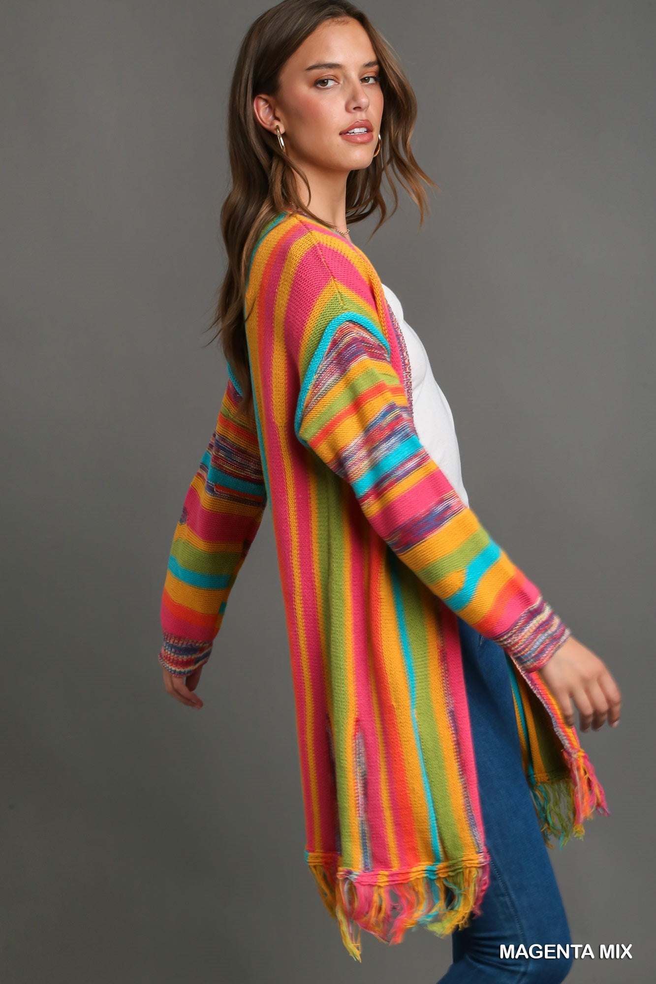 Multi Stripe Cardigan Sweater with Fringe