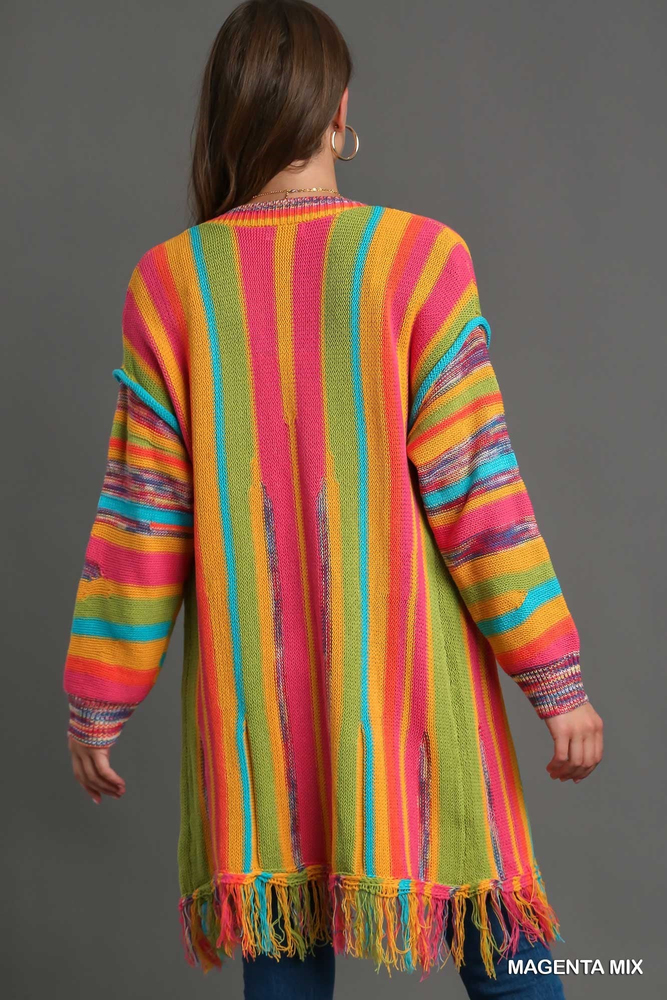 Multi Stripe Cardigan Sweater with Fringe