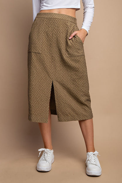 Front Slit Textured Midi Skirt with Side Pocket