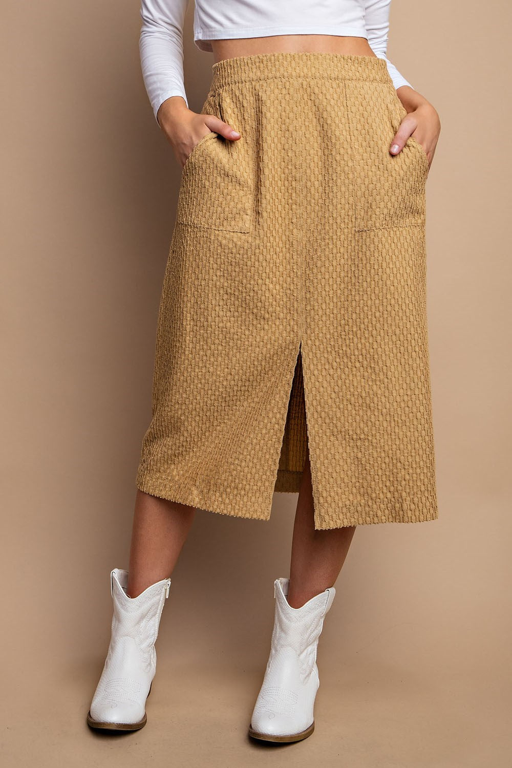 Front Slit Textured Midi Skirt with Side Pocket