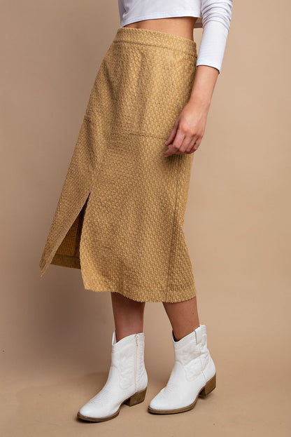 Front Slit Textured Midi Skirt with Side Pocket